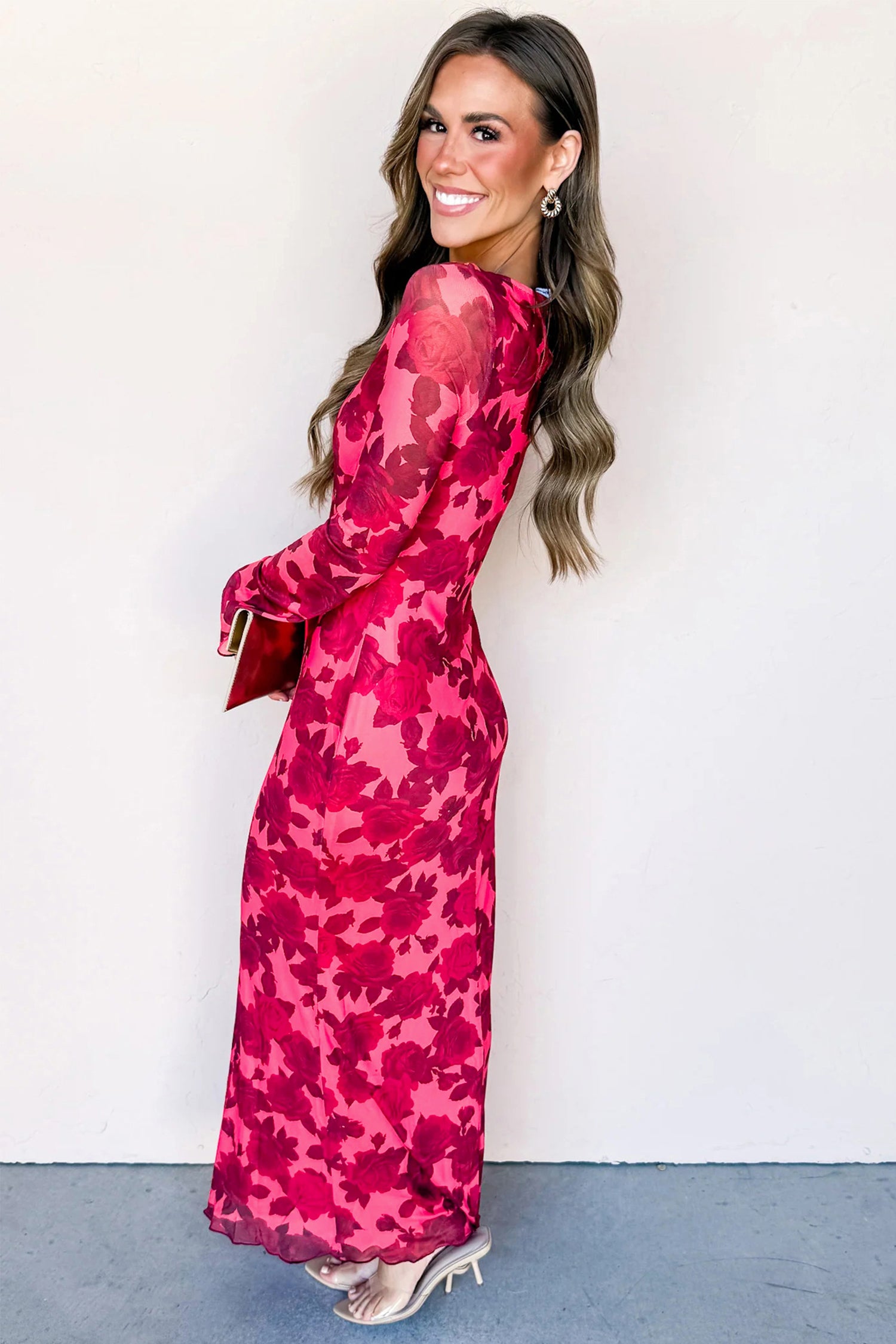 Red Floral Print Cuff Hem Serging Long Sleeve Sheath Dress 🇺🇸