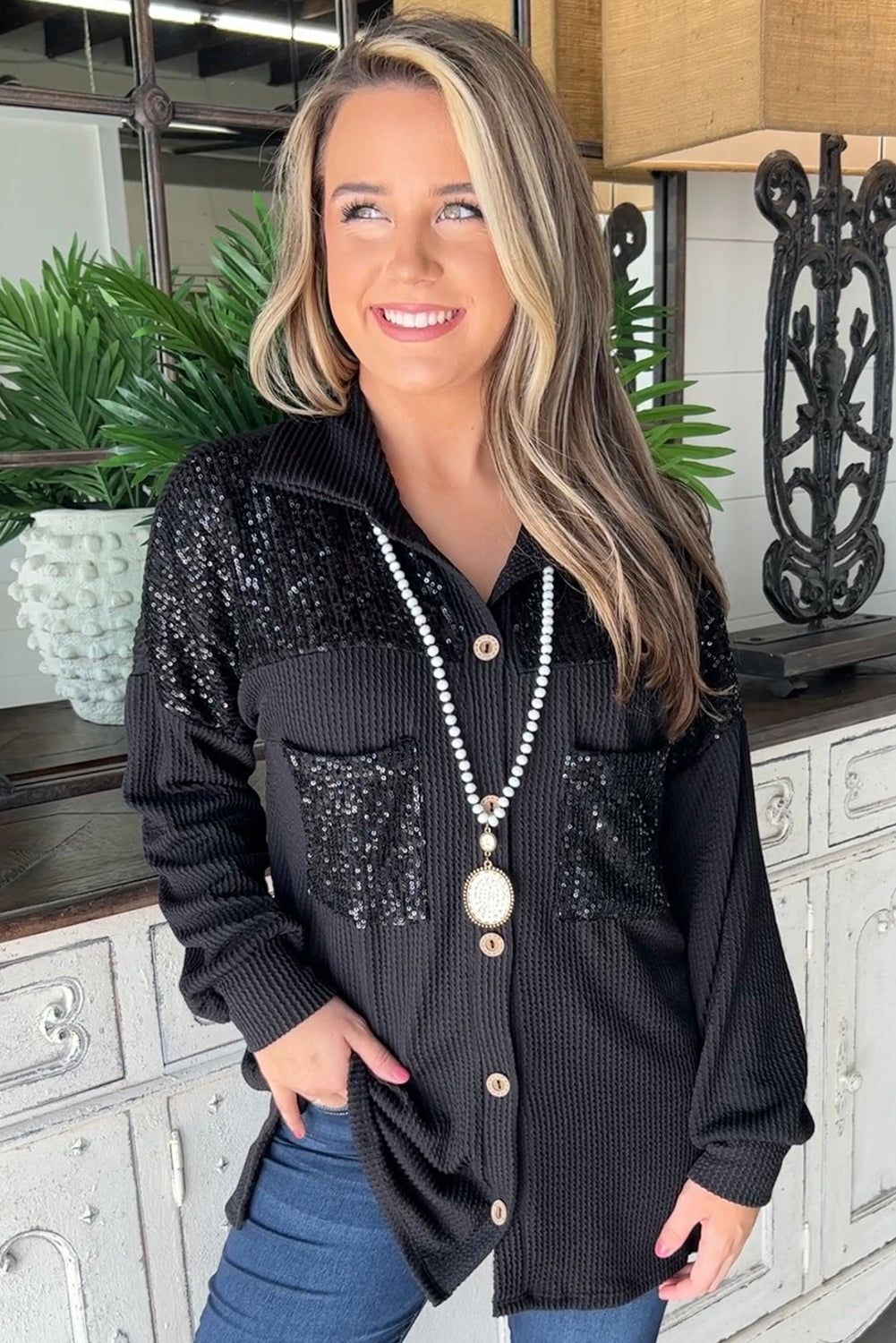 Black Sequin Patch Chest Pocket Corded Shacket 🇺🇲