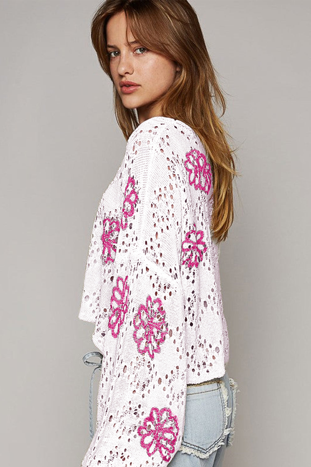 White Contrast Flower Print Eyelet Drop Shoulder Sweater 🇨🇳
