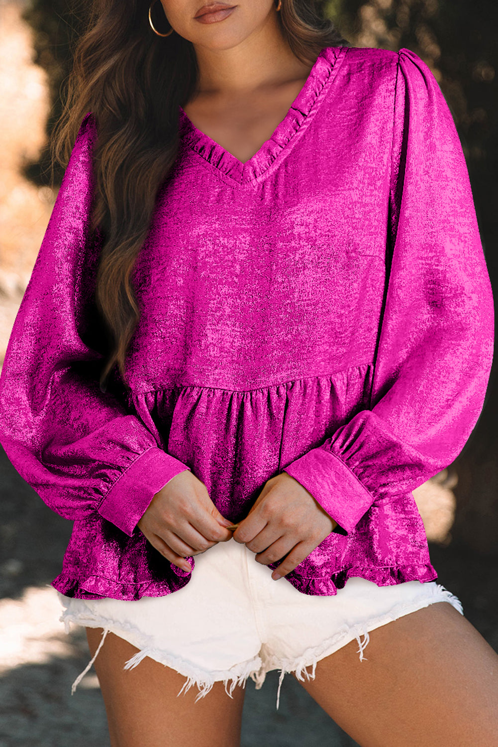 Rose Red Metallic Frilled V Neck Puff Sleeve Babydoll Blouse 🇺🇲