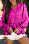 Rose Red Metallic Frilled V Neck Puff Sleeve Babydoll Blouse 🇺🇲