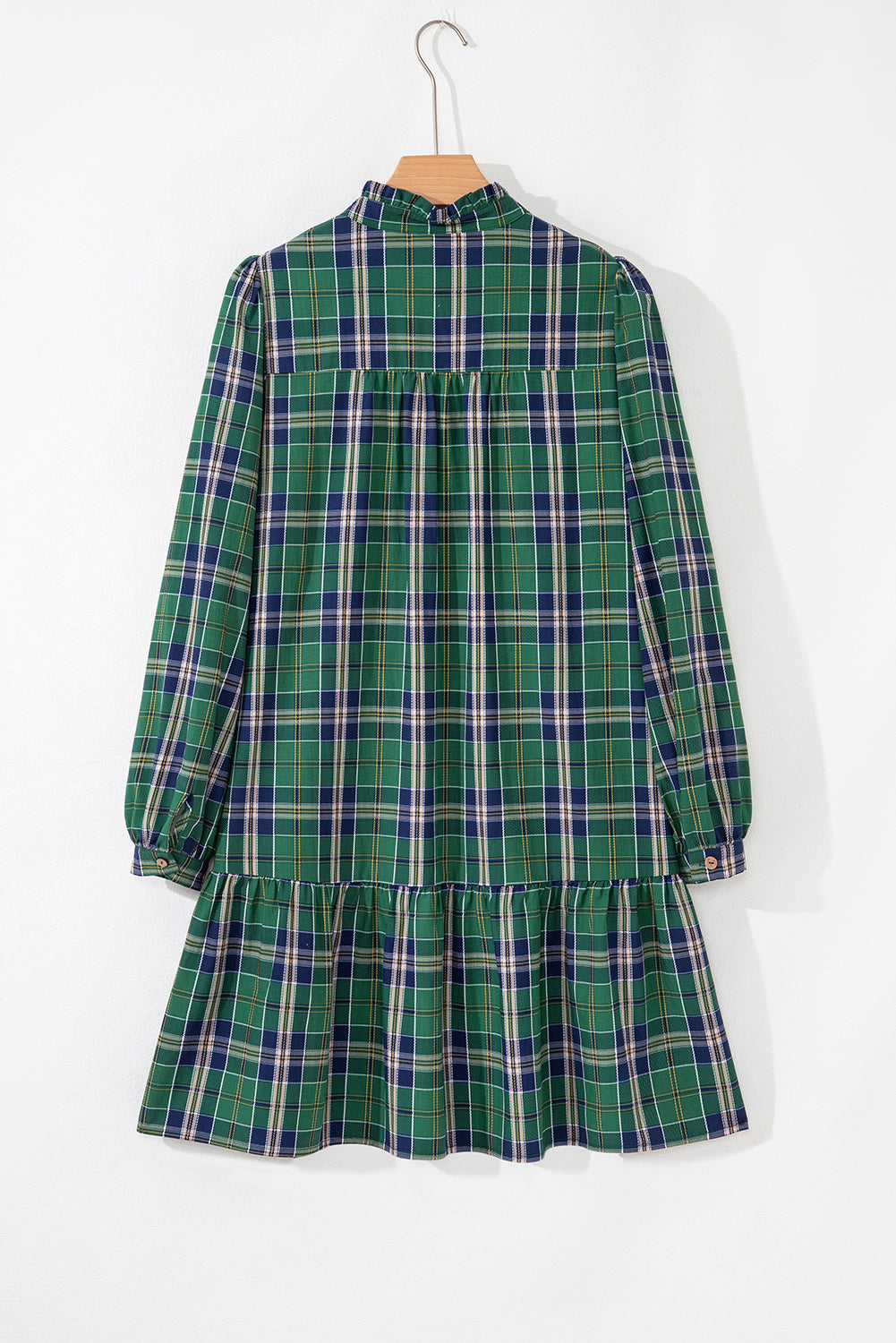 Green Plaid Print Frilly Collar Long Sleeve Shift Mini Dress 🇺🇸