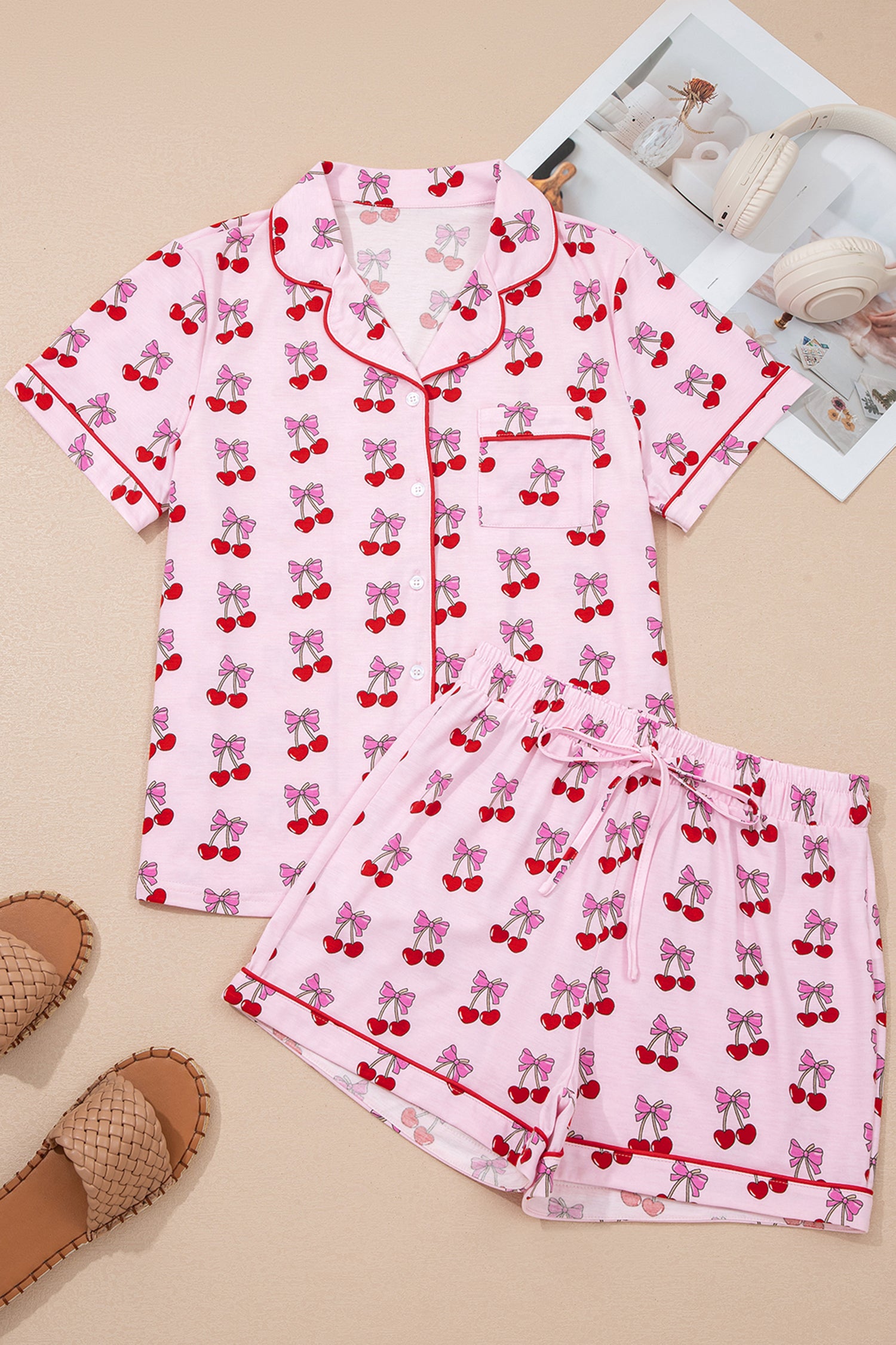 Pink Cherry/Bow Print Short Pajama Set 🇺🇸