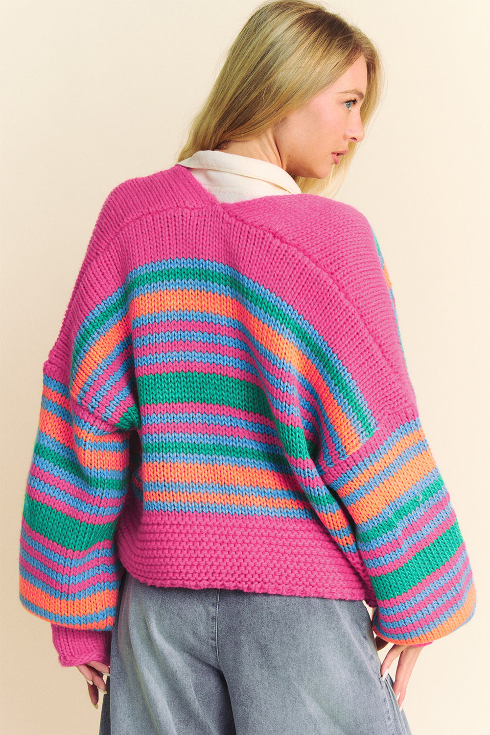 Rose Stripe Colorful Puff Sleeve Drop Shoulder Loose Cardigan 🇺🇲