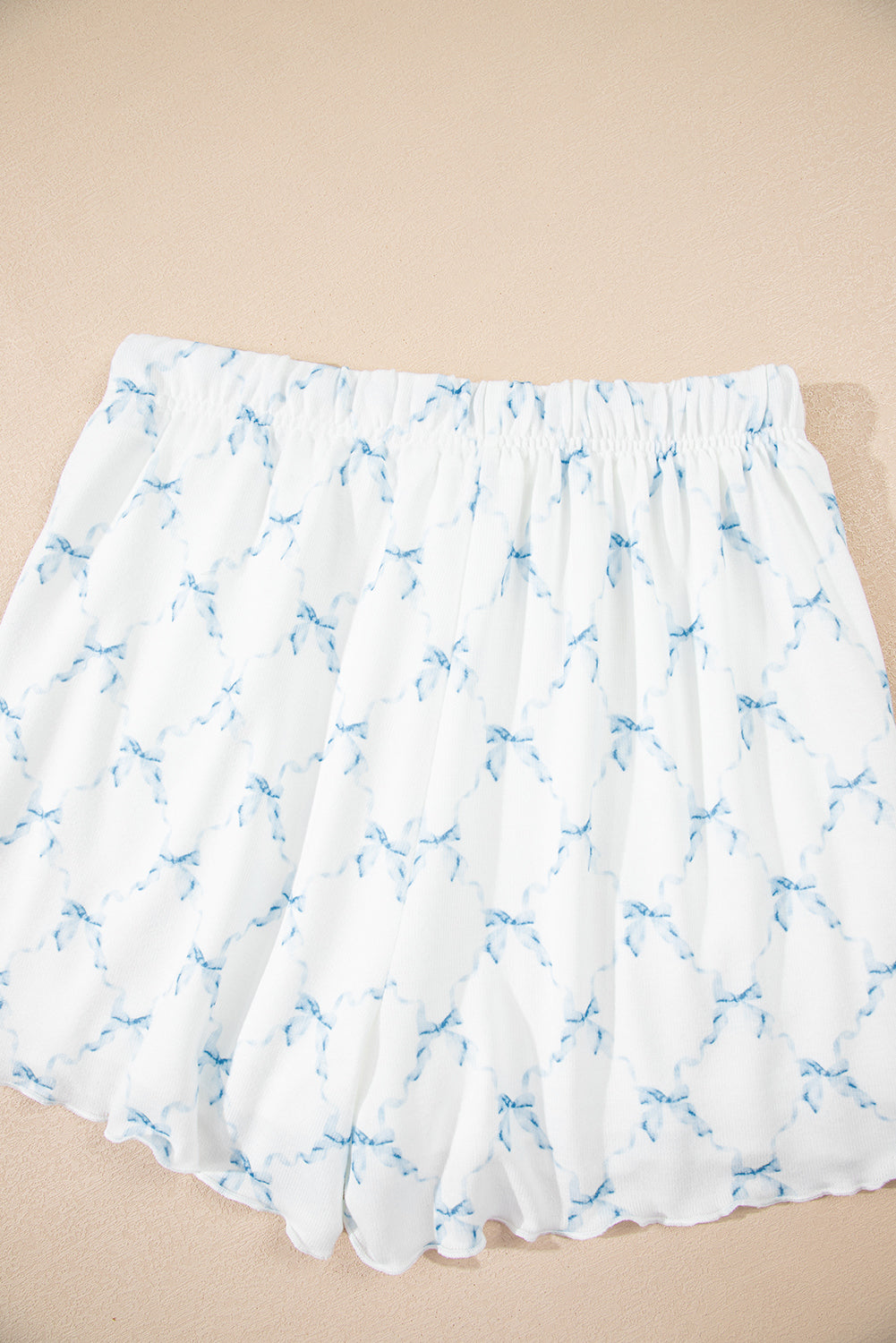 Sky Blue Bow Knot Geometric Print Lettuce Trim Two Piece Lounge Set 🇨🇳