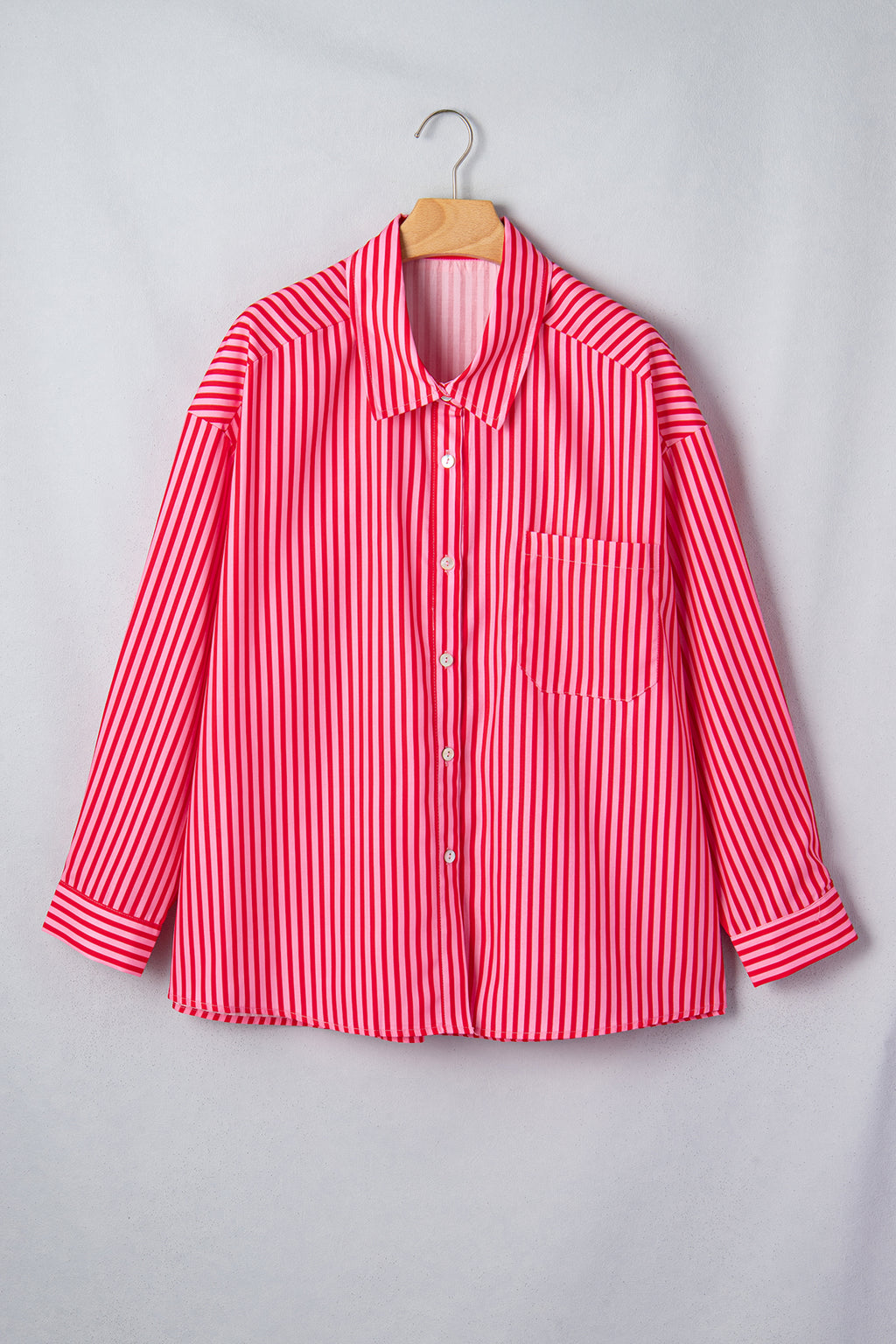 Red Stripe Button-Up Shirt Long Sleeve Patch Pocket Casual Shirt 🇺🇸