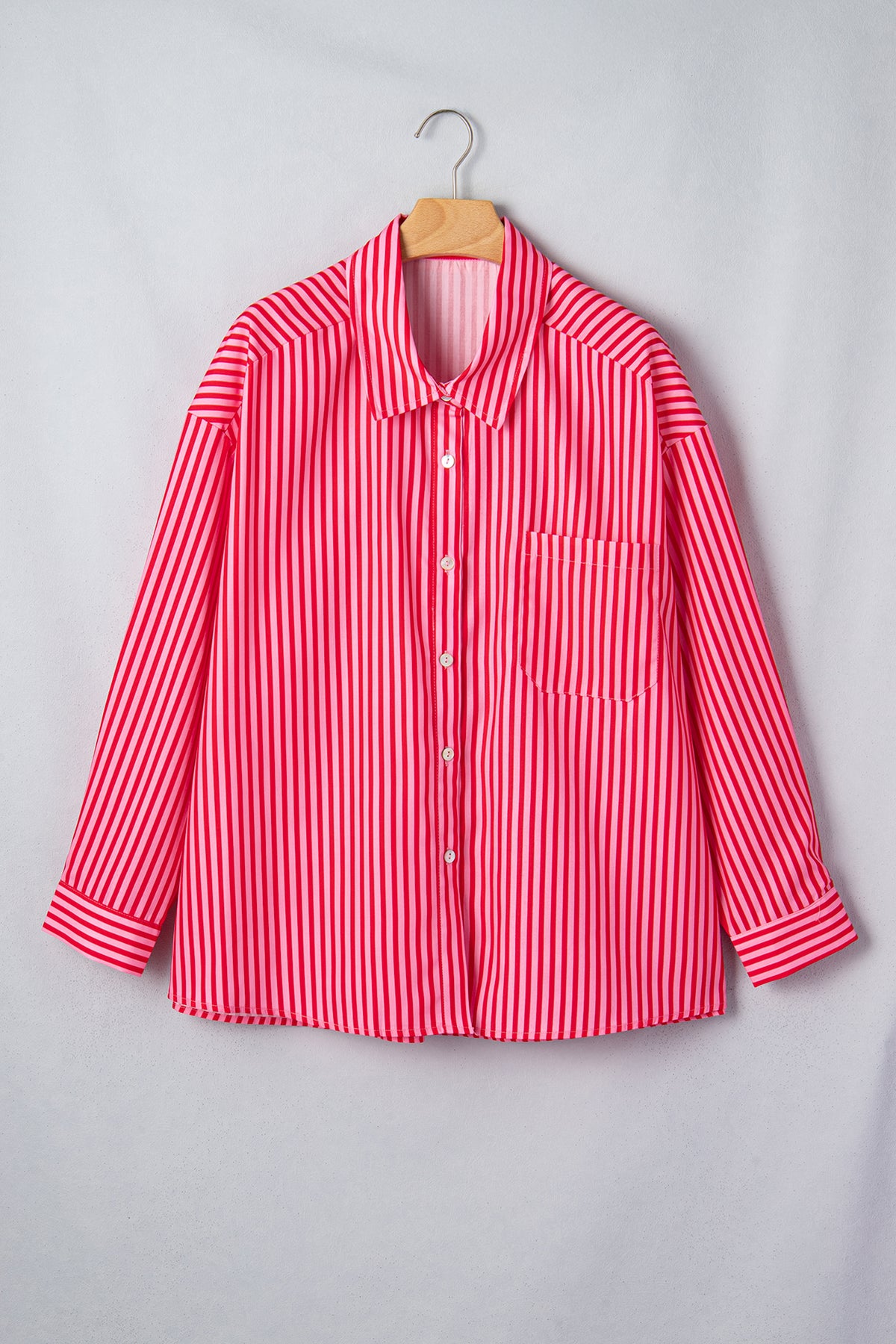 Red Stripe Button-Up Shirt Long Sleeve Patch Pocket Casual Shirt 🇺🇸