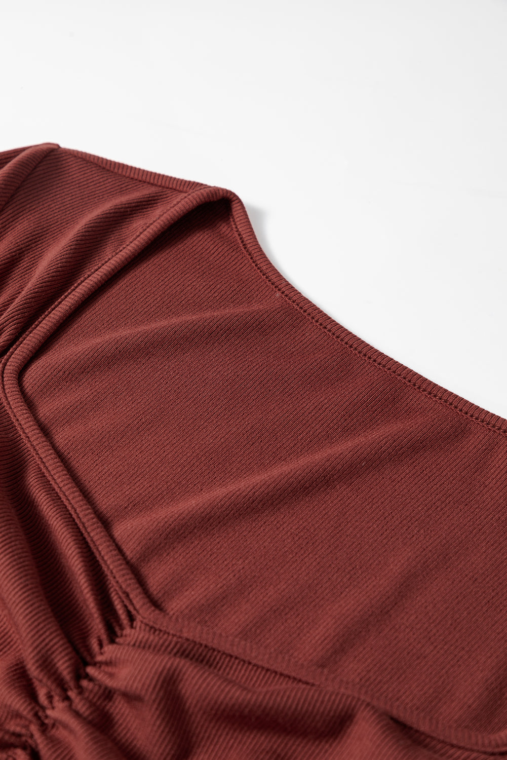 Burgundy Gathered Bust Square Neck Ribbed Fit Long Sleeve Top 🇺🇸