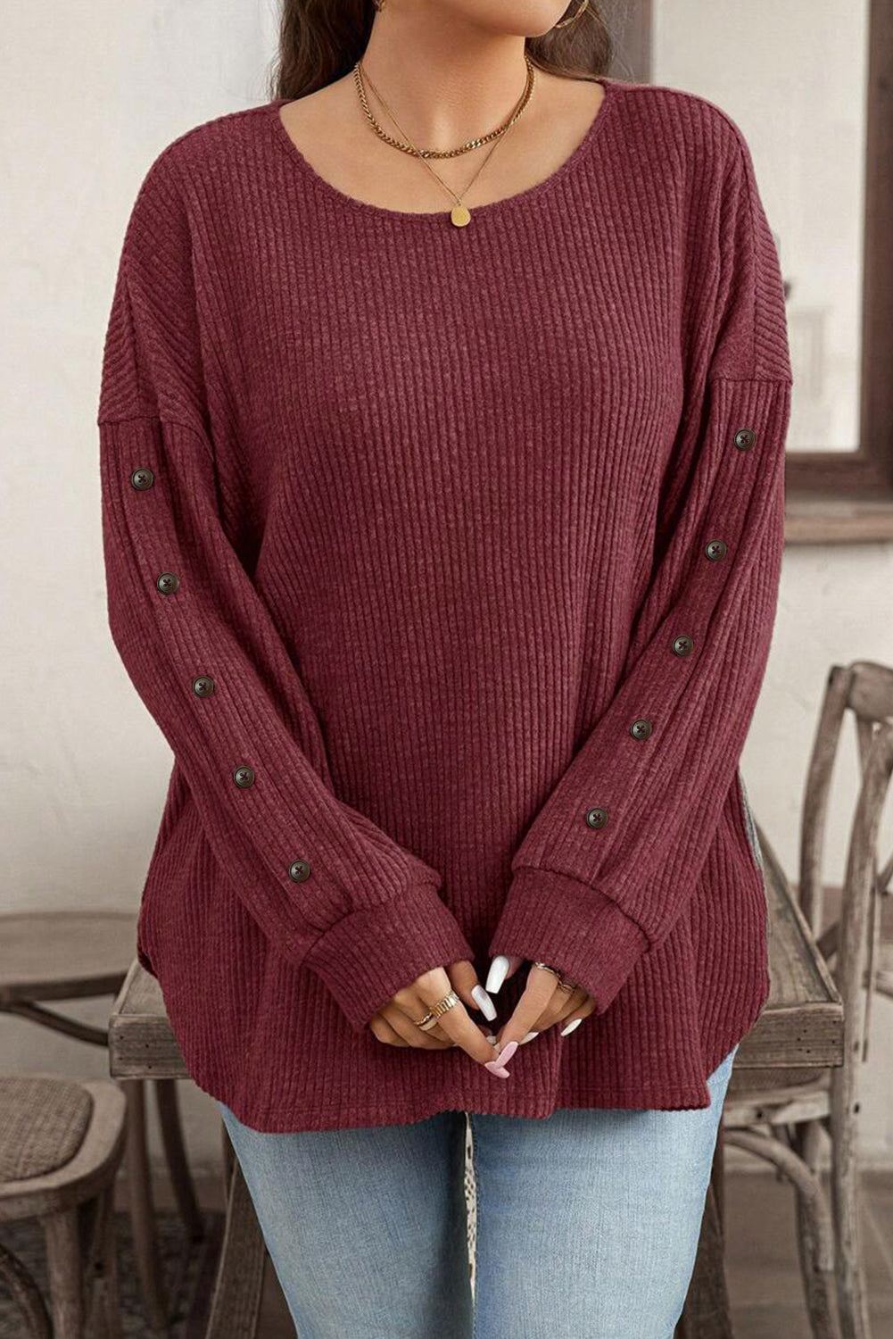 Wild Ginger Plus Size Ribbed Button Decor Long Sleeve Loose Top 🇺🇸