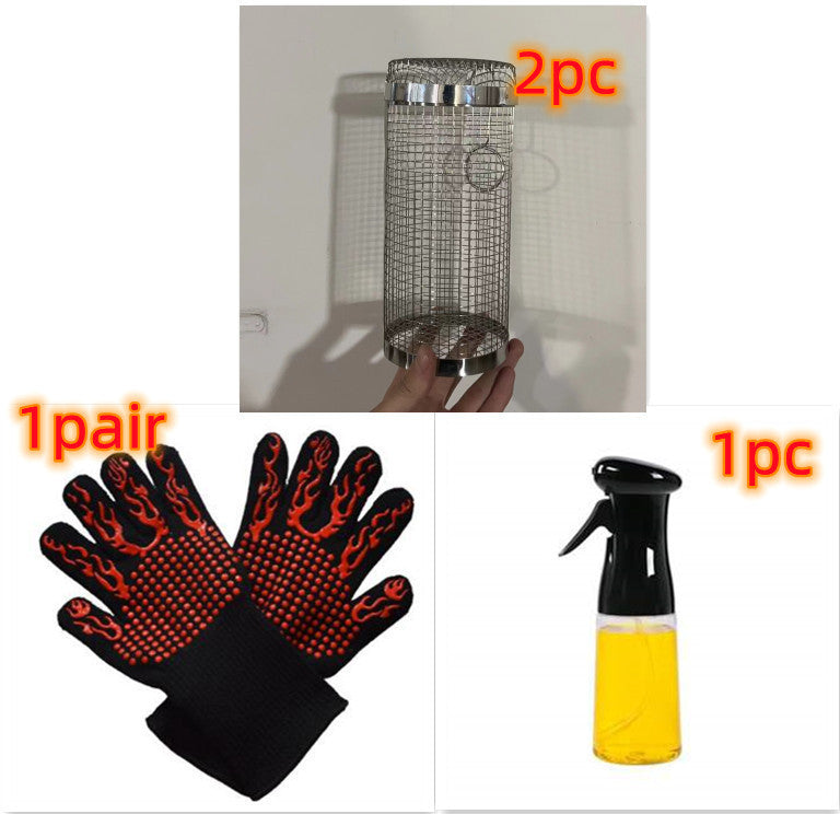 Rolling Grilling Basket Metal BBQ Barbecue Basket Net Portable Outdoor Camping Barbecue Rack Kitchen Gadgets 🇨🇳