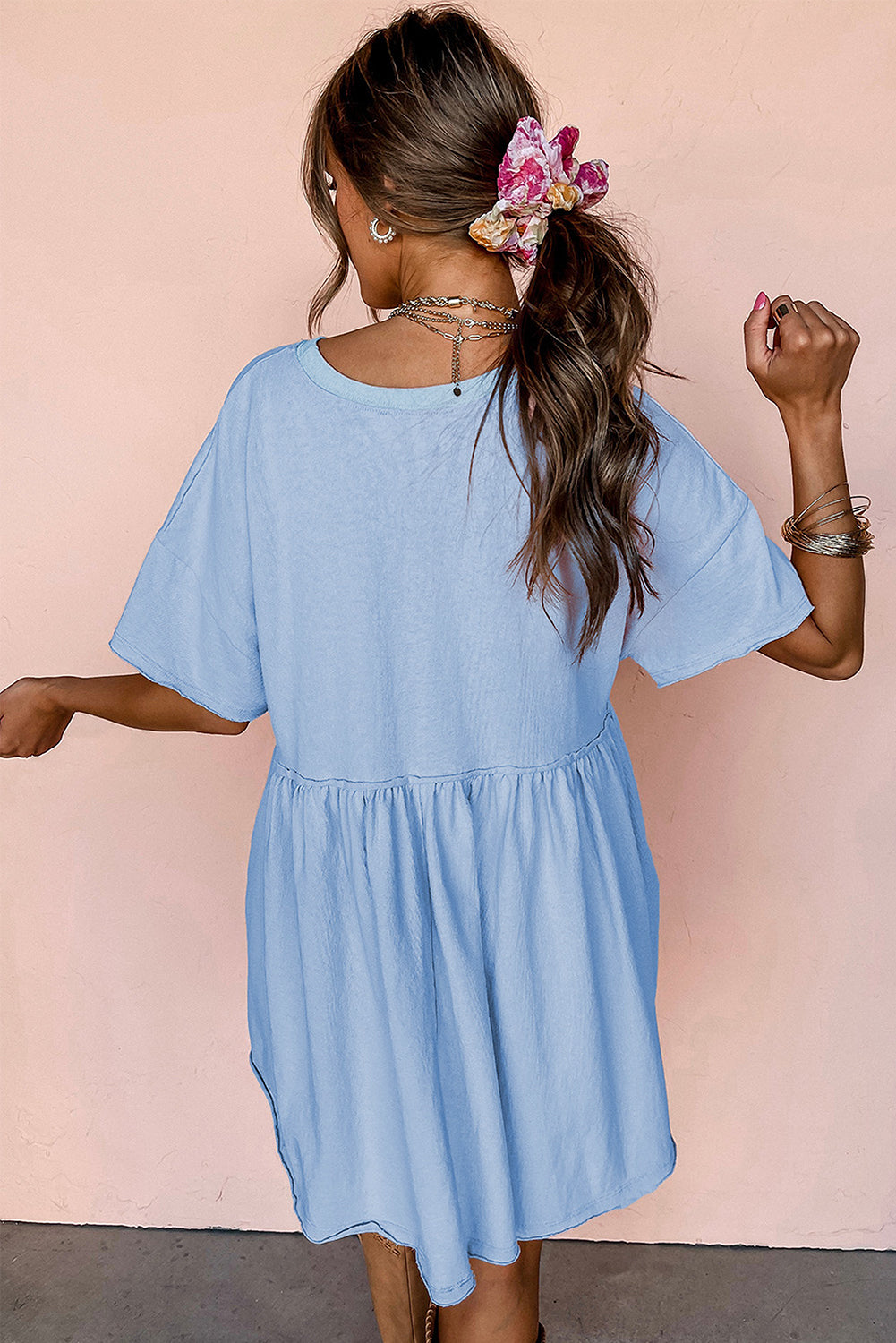 Sky Blue Solid Color Pocketed Raw Edge Babydoll Dress 🇨🇳