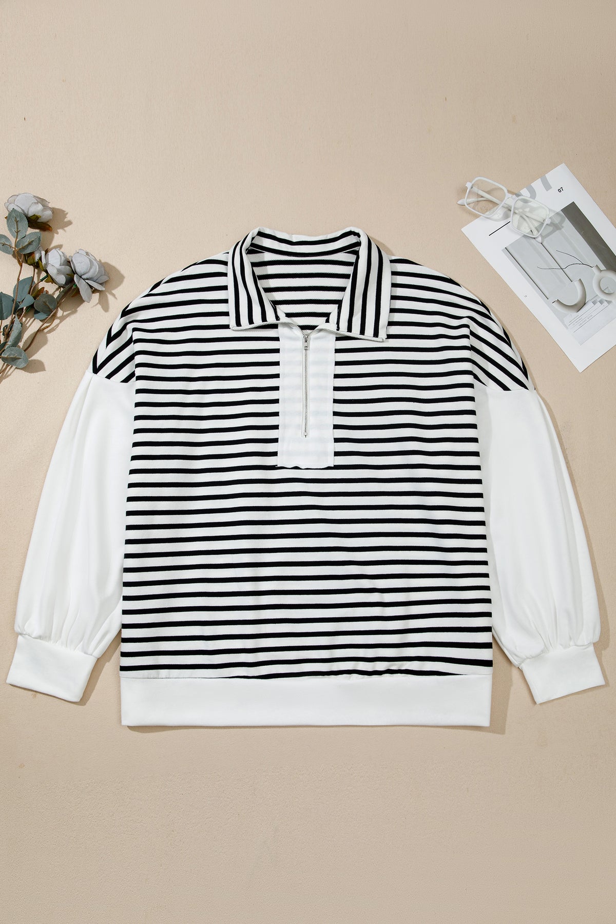 White Stripe Striped Colorblock V Neck Long Sleeve Shift Plus Size Blouse 🇺🇸