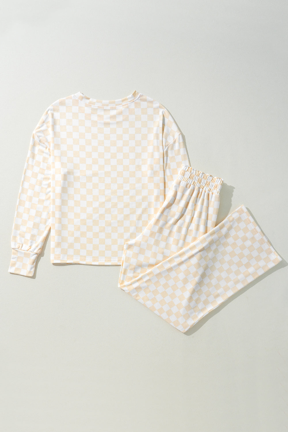 Beige Checkered Print Long Sleeve Top and Pants Lounge Set 🇨🇳