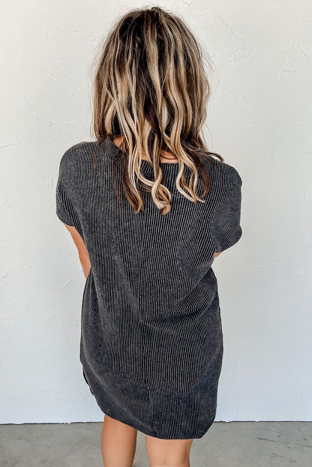 Gray Striped Ribbed Knit T-shirt Shift Dress 🇨🇳