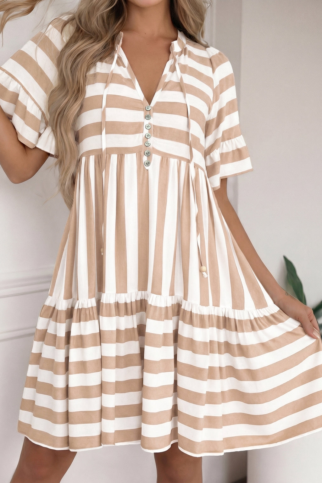 Khaki Stripe Tie V Neck Ruffle Trim Short Sleeve Flared Summer Dress 🇺🇸