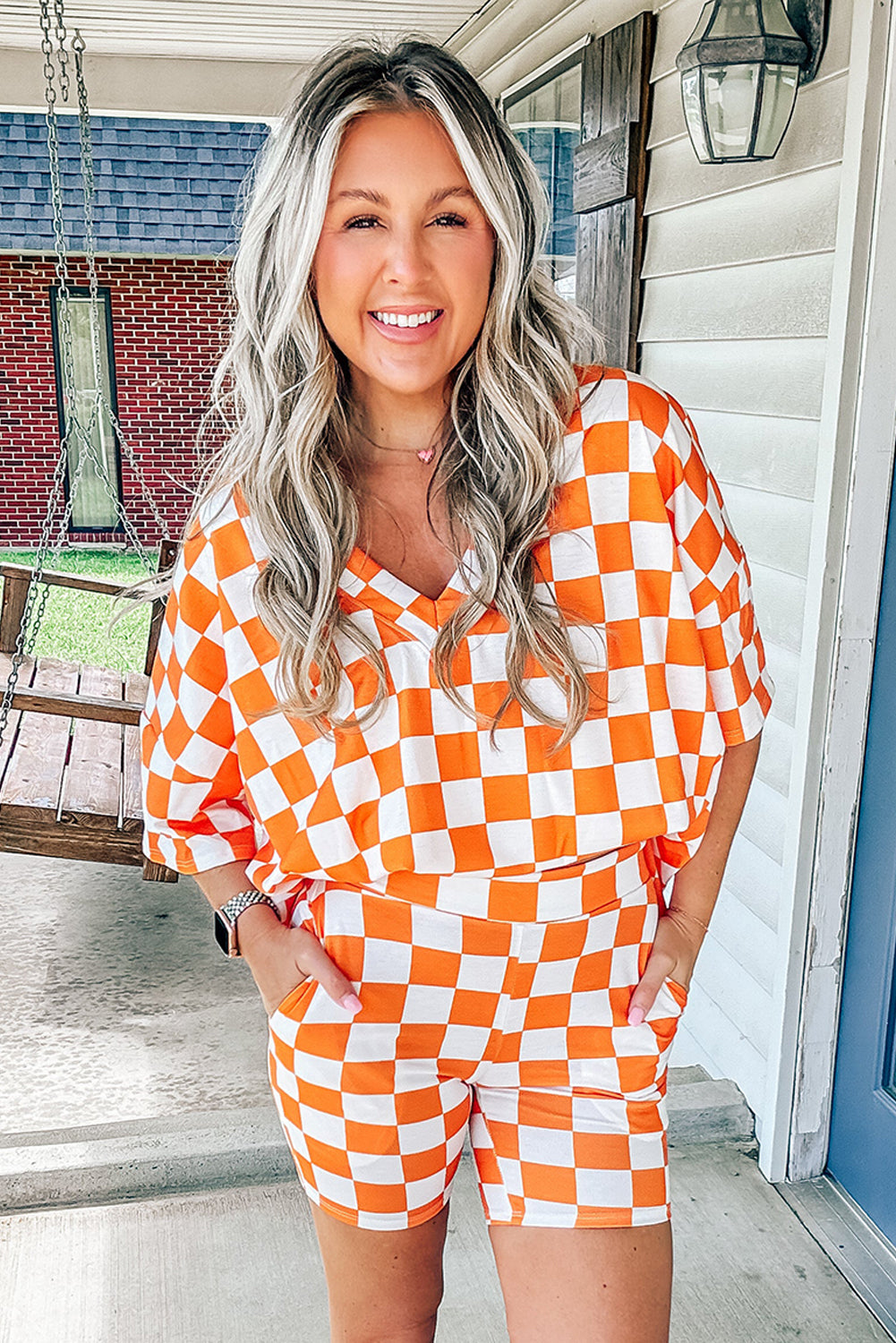 Orange Checkerboard Print V Neck Loose Tee and Shorts Lounge Set 🇨🇳