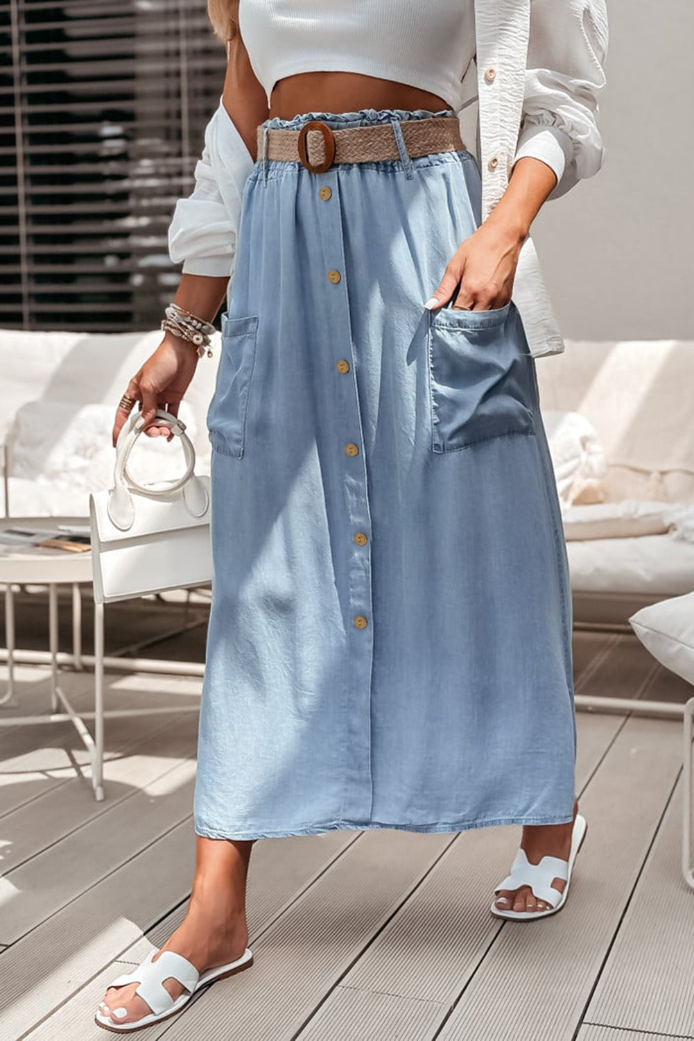 Beau Blue Buttoned Front High Waist Side Pockets Denim Maxi Skirt 🇨🇳