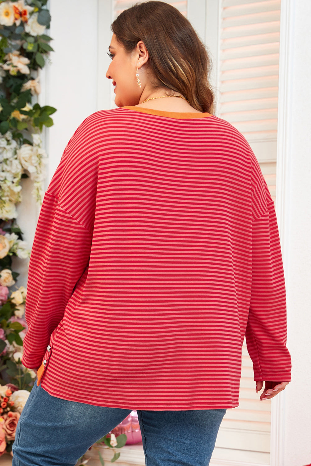 Orange Stripe Plus Size Drop Shoulder Long Sleeve Buttoned Decor Top 🇨🇳