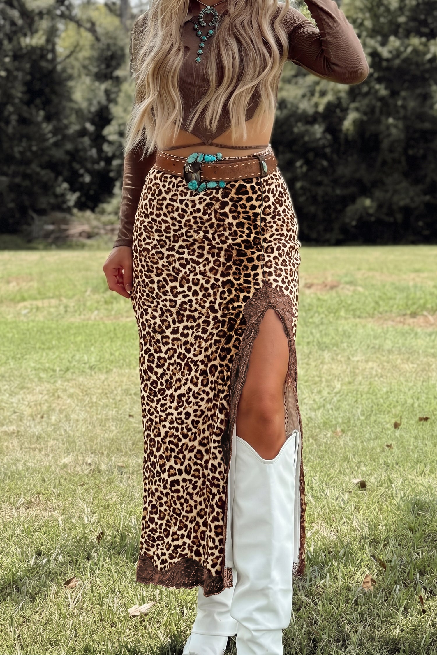 Multicolour Cheetah Print Trim Split Long Western Skirt 🇺🇸