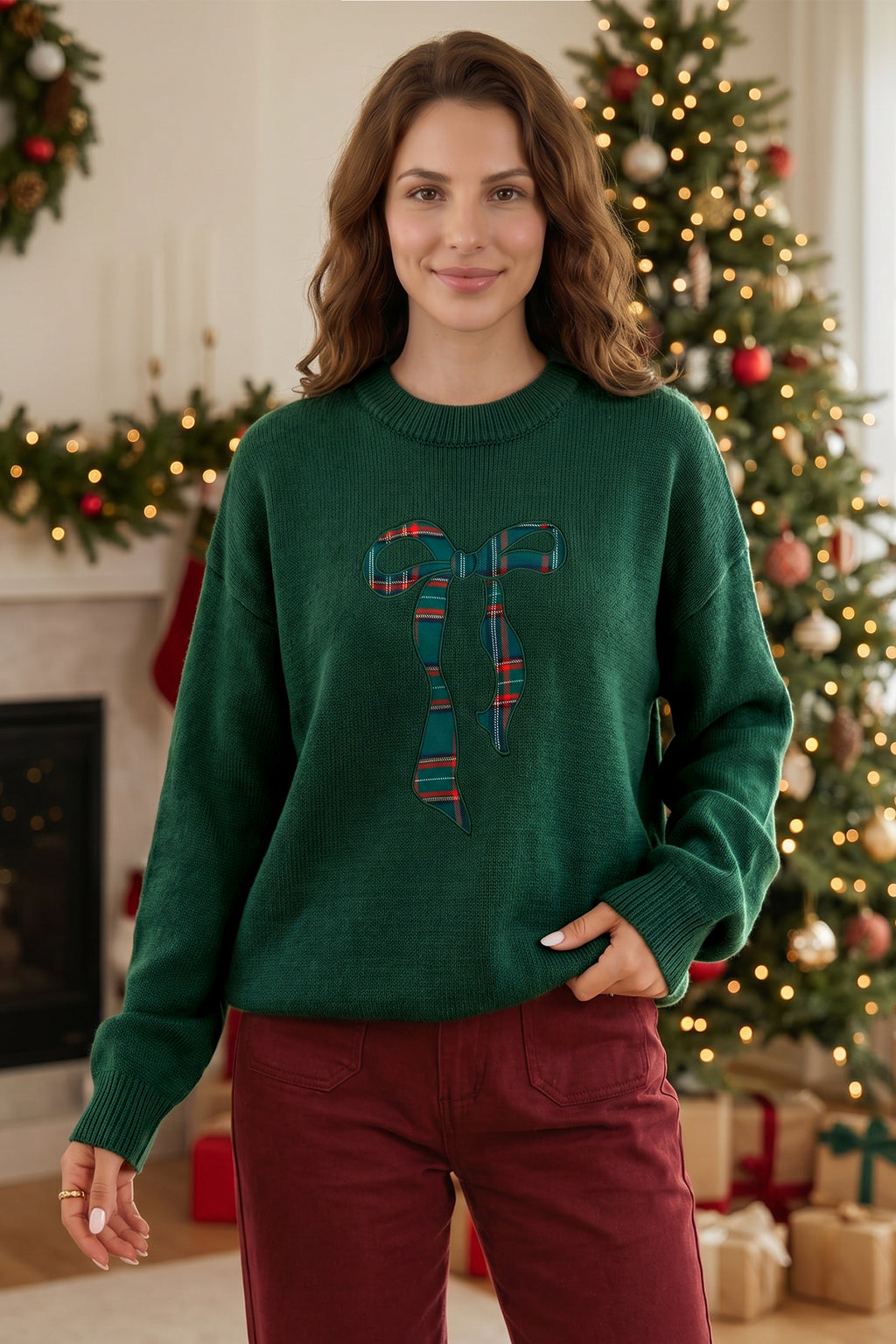 Blackish Green Plaid Bow Detail Drop Shoulder Christmas Sweater 🇺🇸