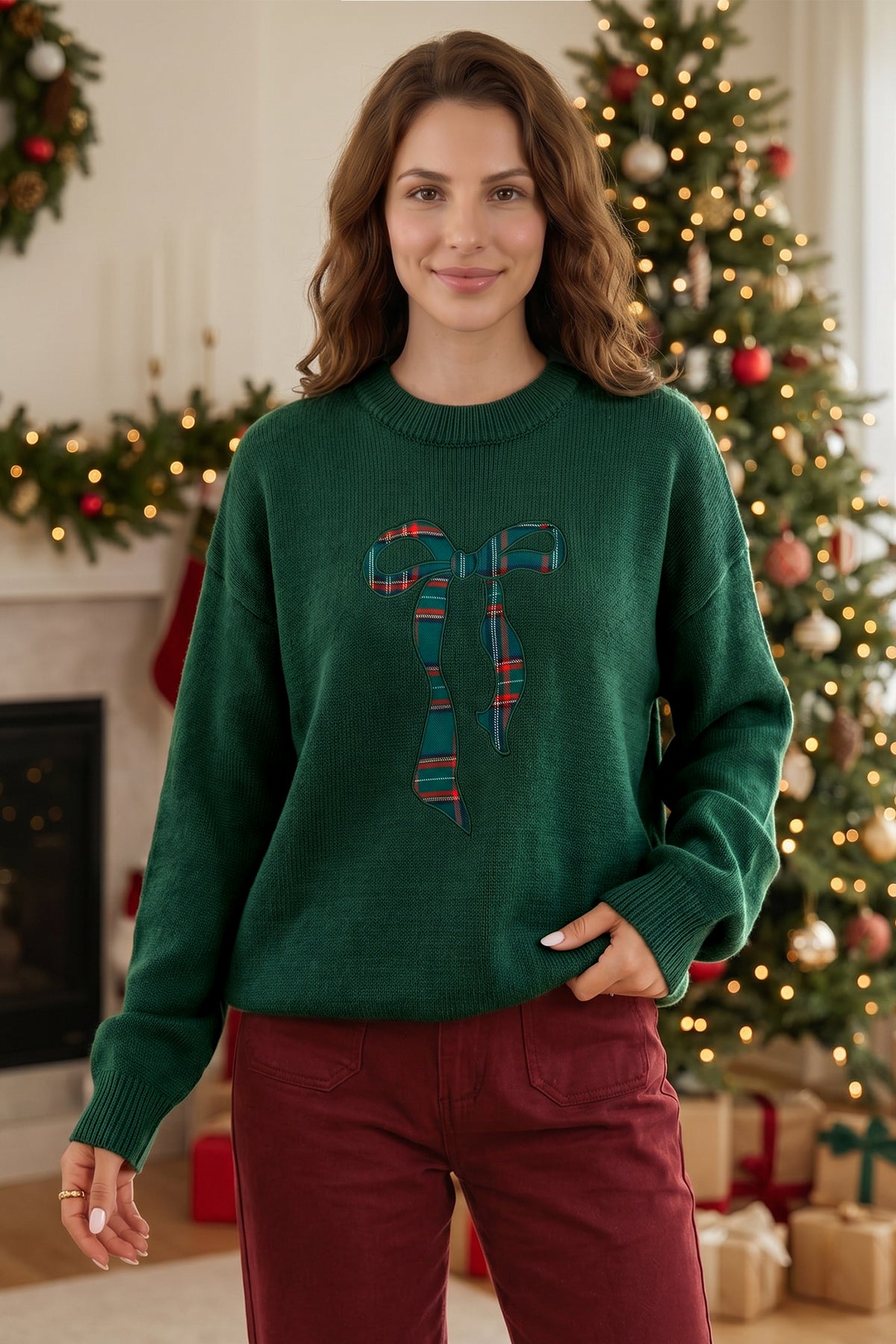 Blackish Green Plaid Bow Detail Drop Shoulder Christmas Sweater 🇺🇸