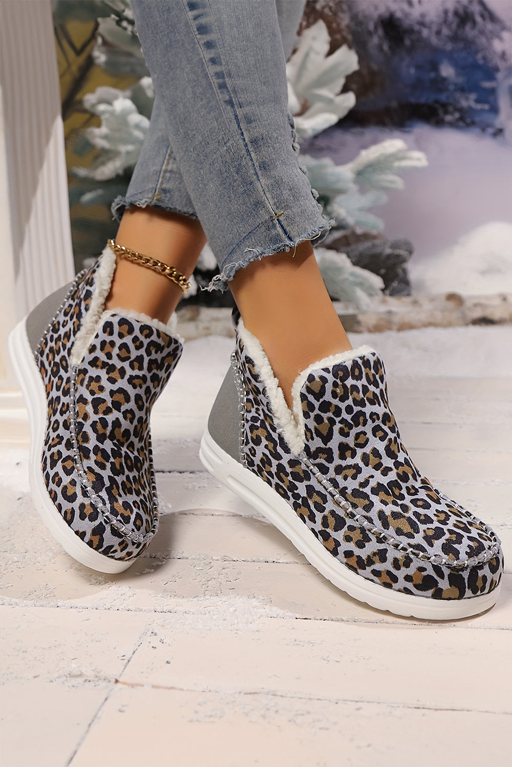 Brown Leopard Print Ankle Patched Flat Winter Fur Boots 🇺🇸