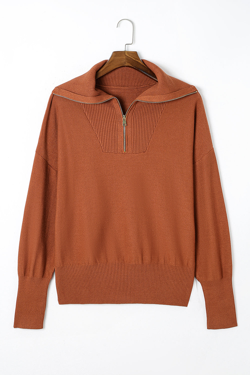 Brown Solid Ribbed Trim Plus Size Zip Collar Sweater 🇺🇸