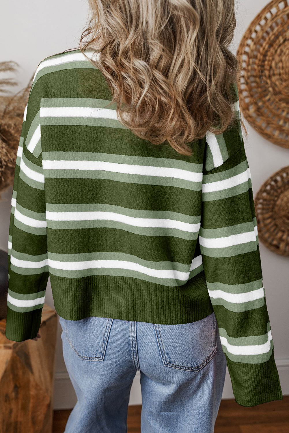 Green Stripe Drop Shoulder Buttons Cardigan Sweater 🇺🇸