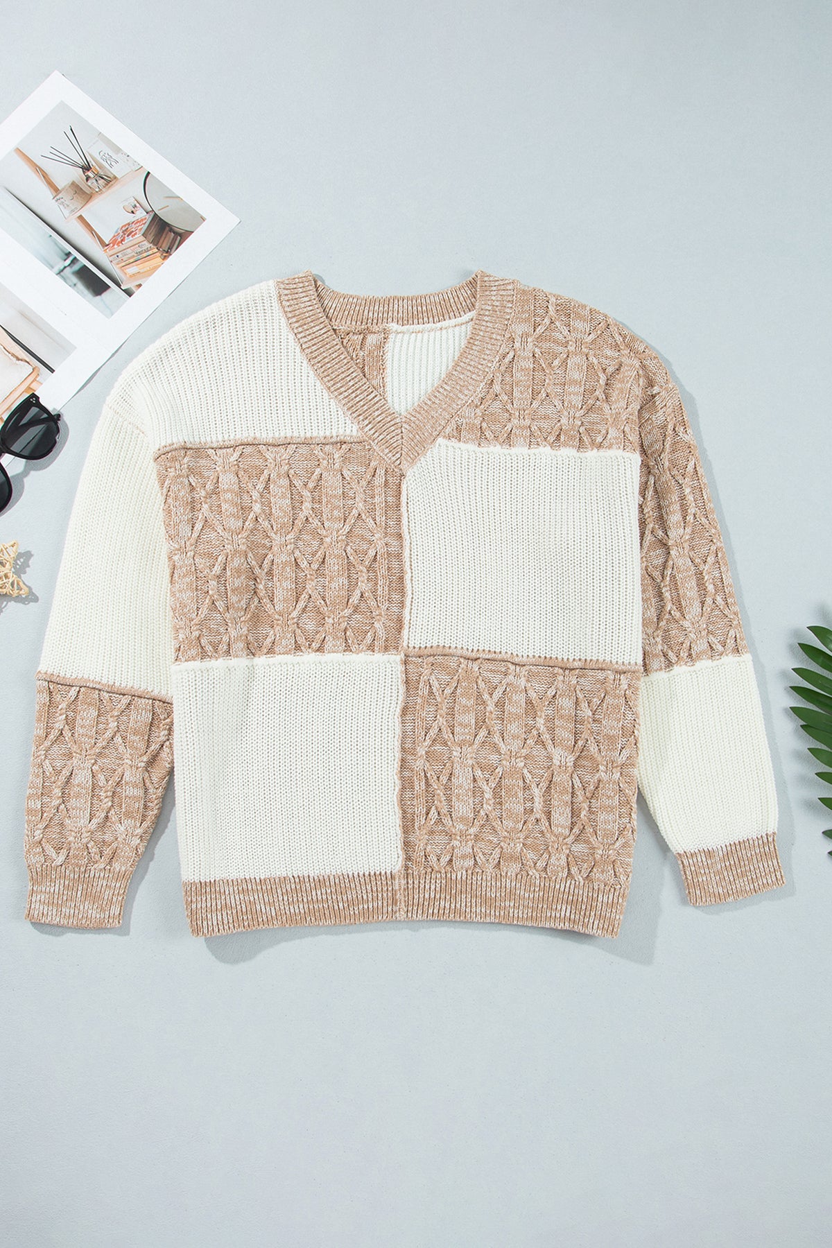 Parchment Colorblock V Neck Long Sleeve Tunic Loose Fit Plus Size Sweater 🇺🇸