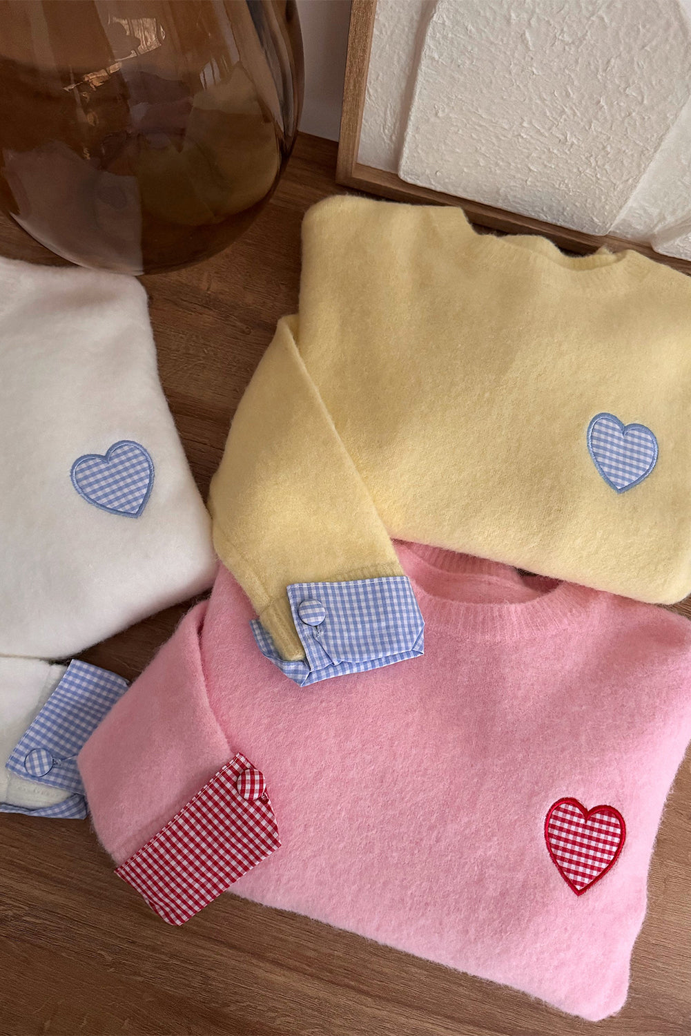 White Plaid Heart Embroidered Cuffed Drop Shoulder Crew Neck Sweater 🇺🇸