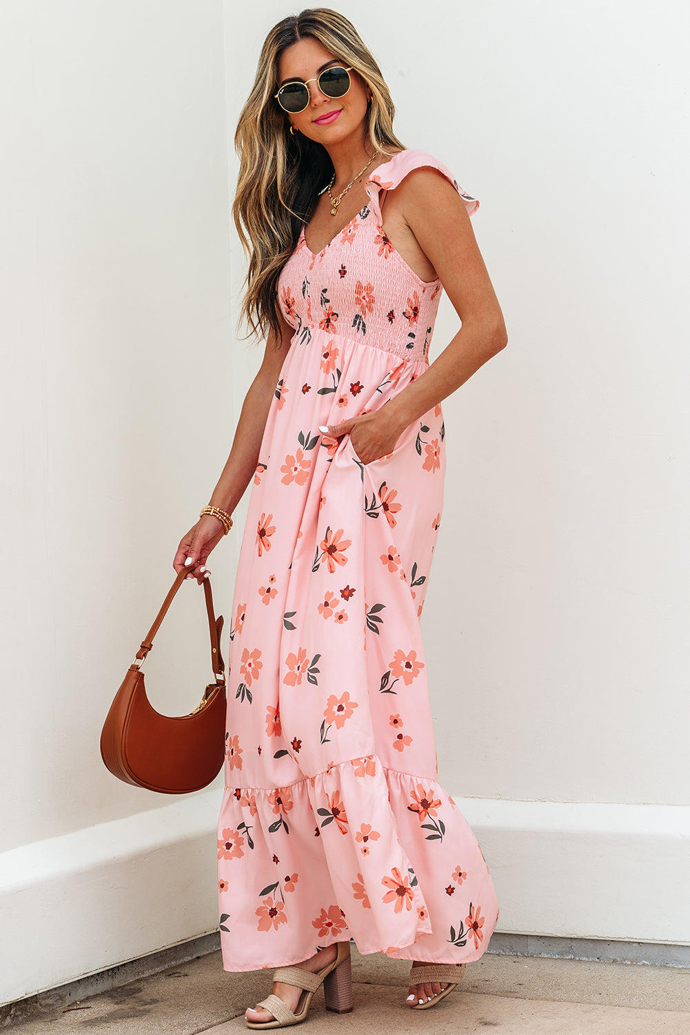 Pink Floral V Neck Smocked High Waist Ruffle Hem Long Dress 🇺🇸