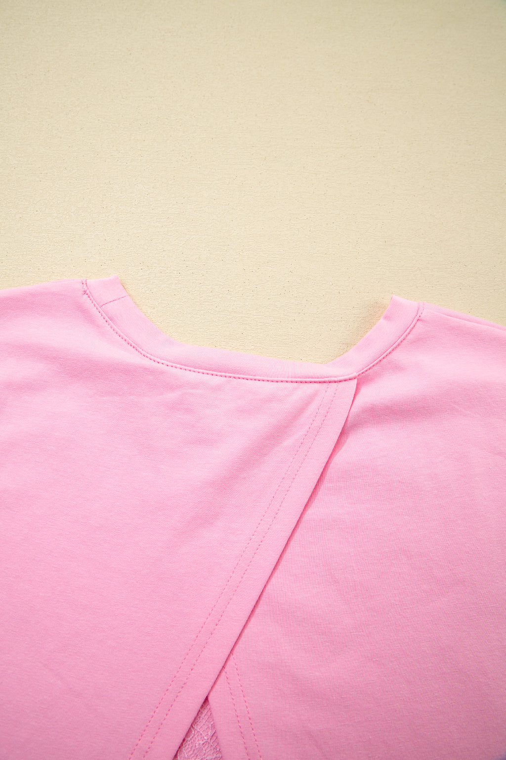 Pink Eyelash Floral Lace Patchwork Half Sleeve Oversize Tee 🇺🇸