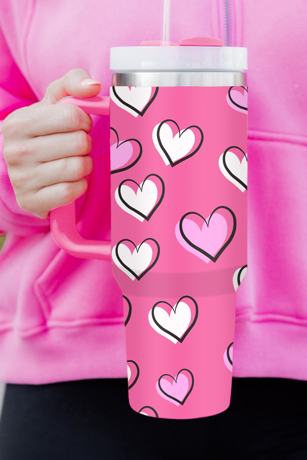 Rose Red Heart Printed Thermos Cup with Handle 40oz 🇺🇸