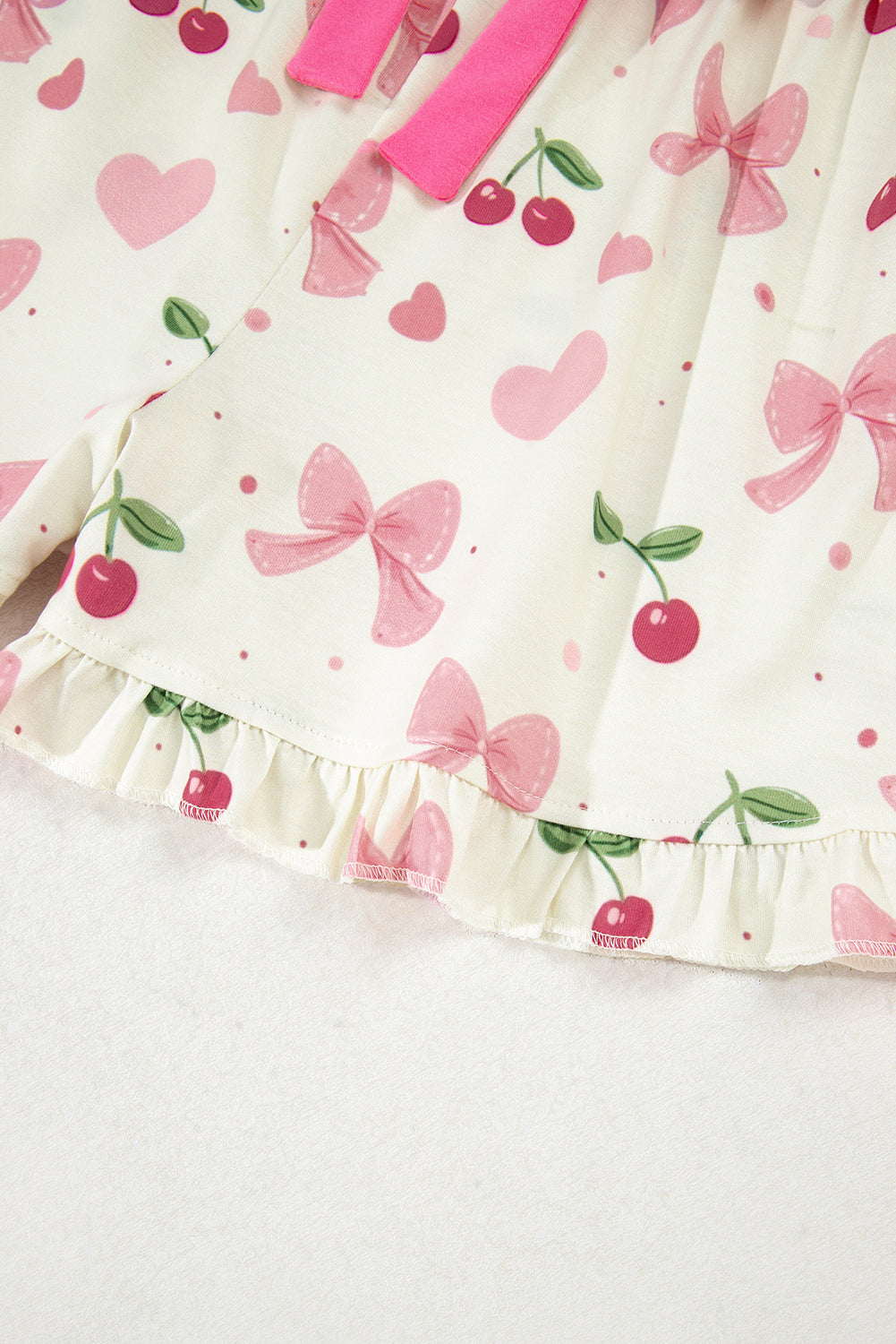 Beige Bow Fruit Print Contrast Pipping Short Pajamas Set 🇨🇳