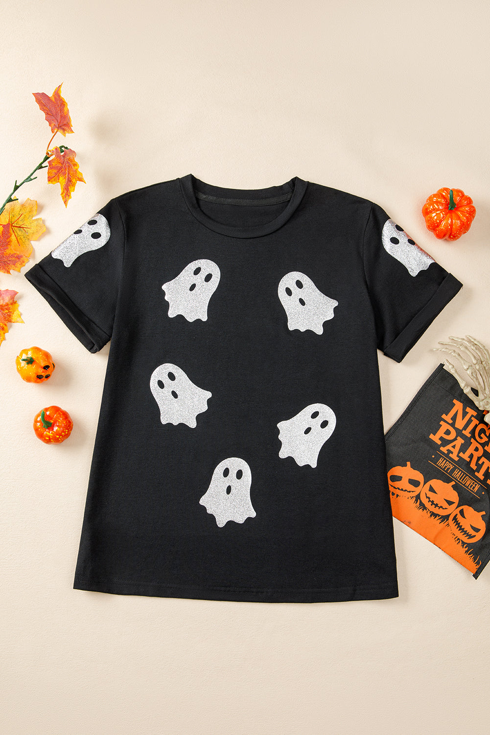 Black Glitter Ghost Pattern Crew Neck Halloween T Shirt 🇺🇸