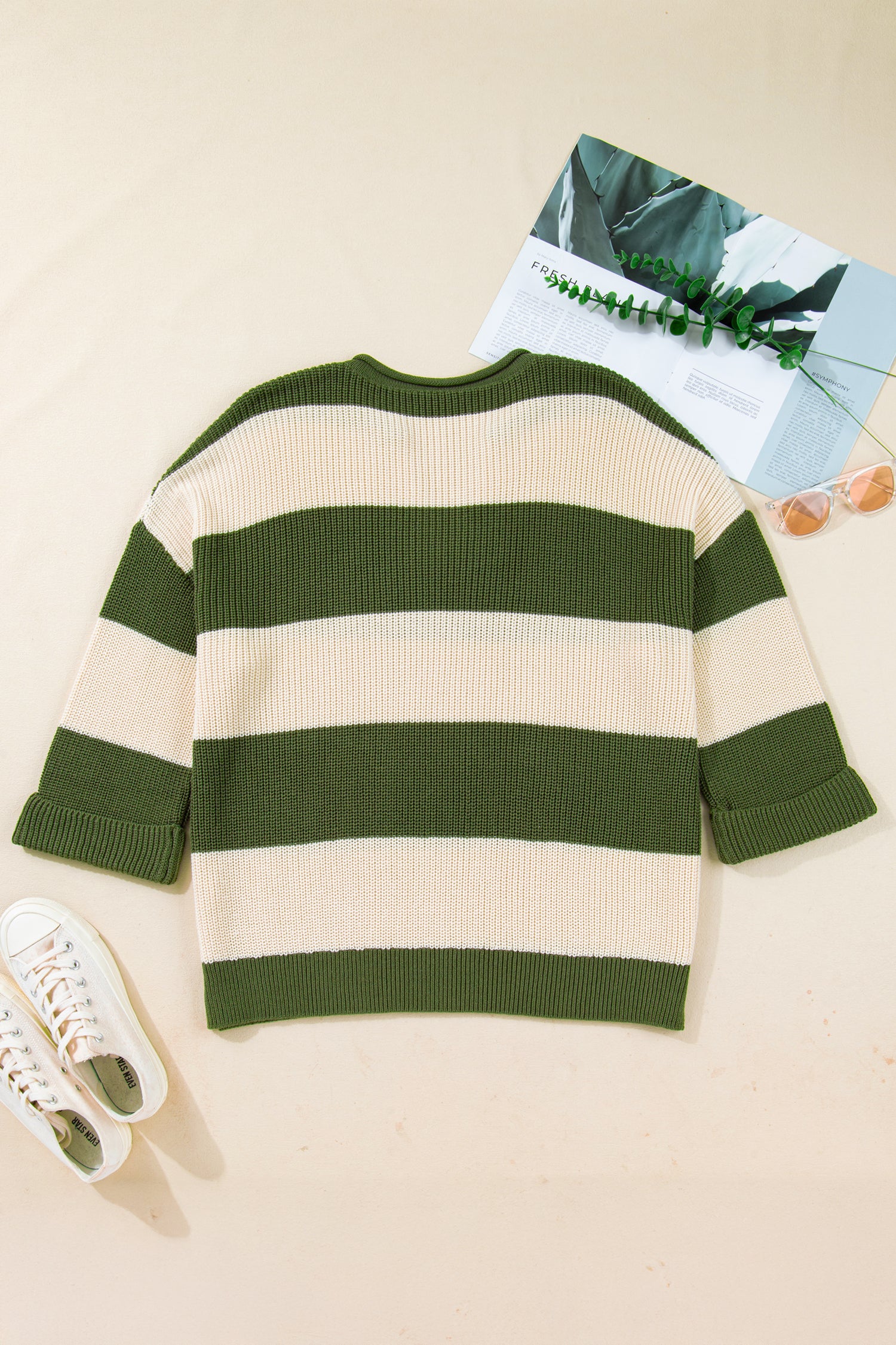 Green Stripe Colorblock Notched Neck Plus Size Sweater 🇺🇸