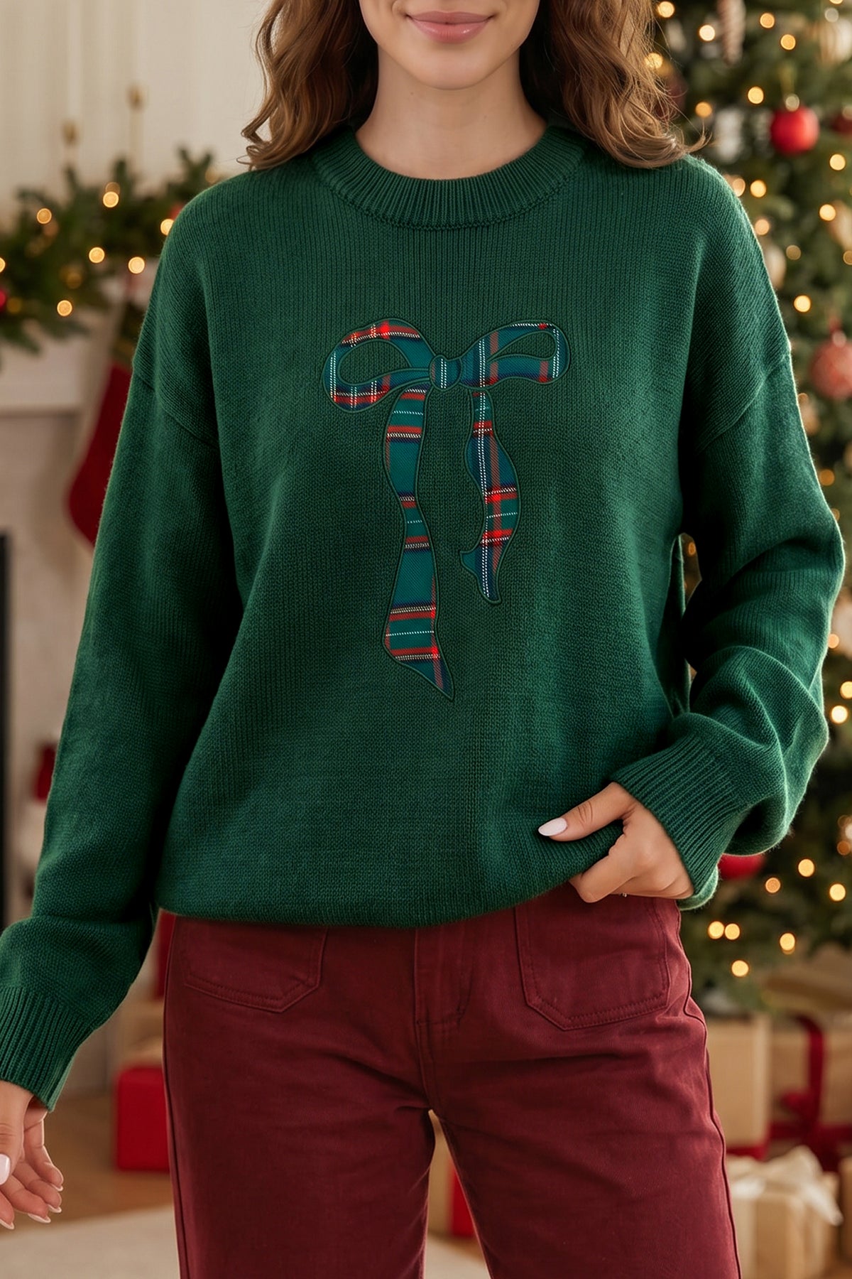 Blackish Green Plaid Bow Detail Drop Shoulder Christmas Sweater 🇺🇸