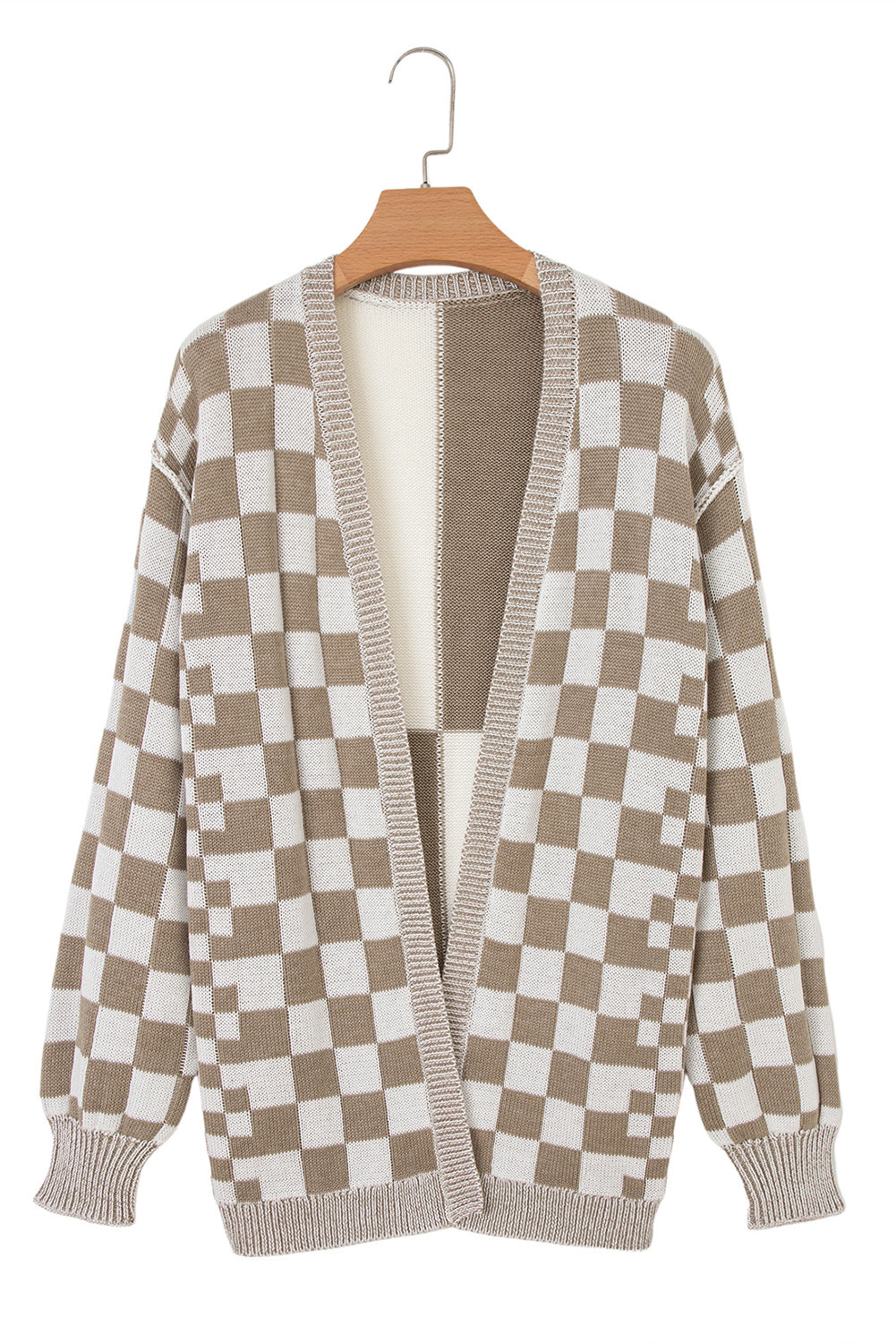 Brown Checkered Open Front Drop Shoulder Cardigan 🇺🇲