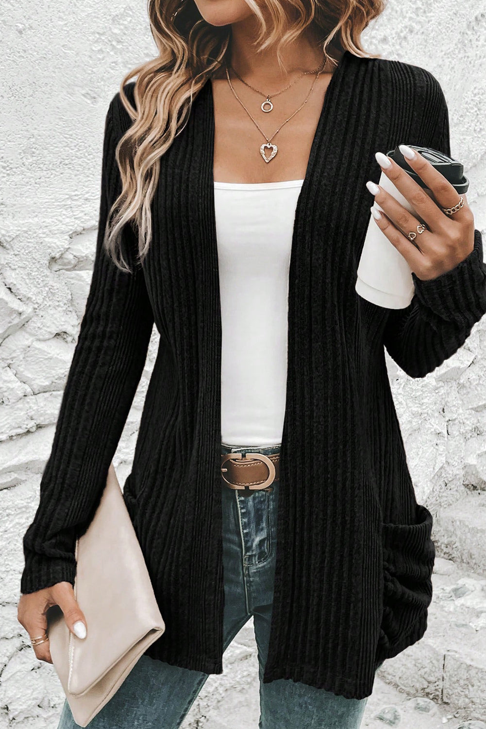 Black Ribbed Open Front Knitted Top with Pockets 🇺🇸