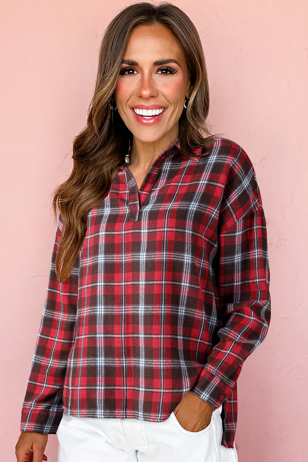 Red Plaid Print Collared V Neck Loose Blouse with Side Slits 🇺🇸