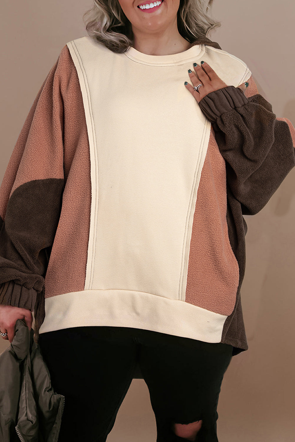 Brown Exposed Seam Colorblock Plus Size Hoodie 🇺🇸