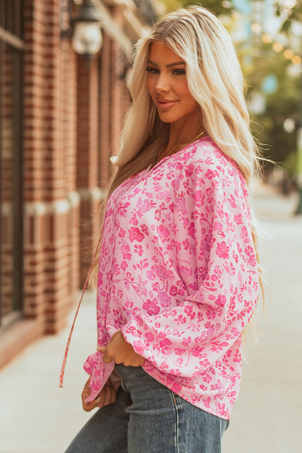 Pink Floral Puff Sleeve Split Neck Lightweight Blouse 🇺🇸