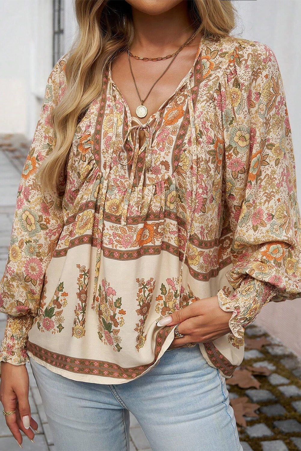 Yellow Floral Print Tie Neck Lantern Sleeve Blouse 🇺🇸