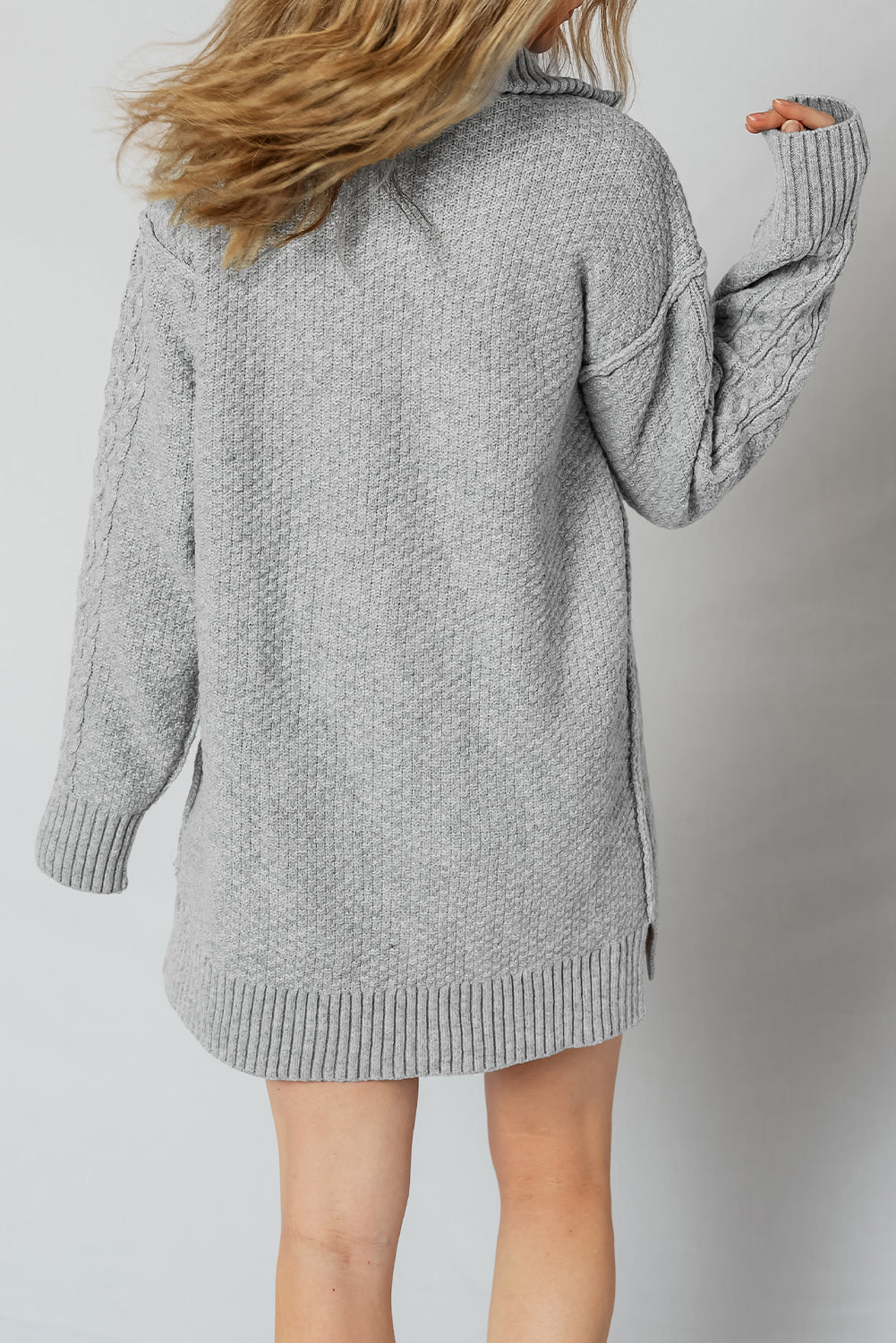 High Cable Knit Quarter Zip Ribbed Trim Loose Sweater Dress 🇺🇸
