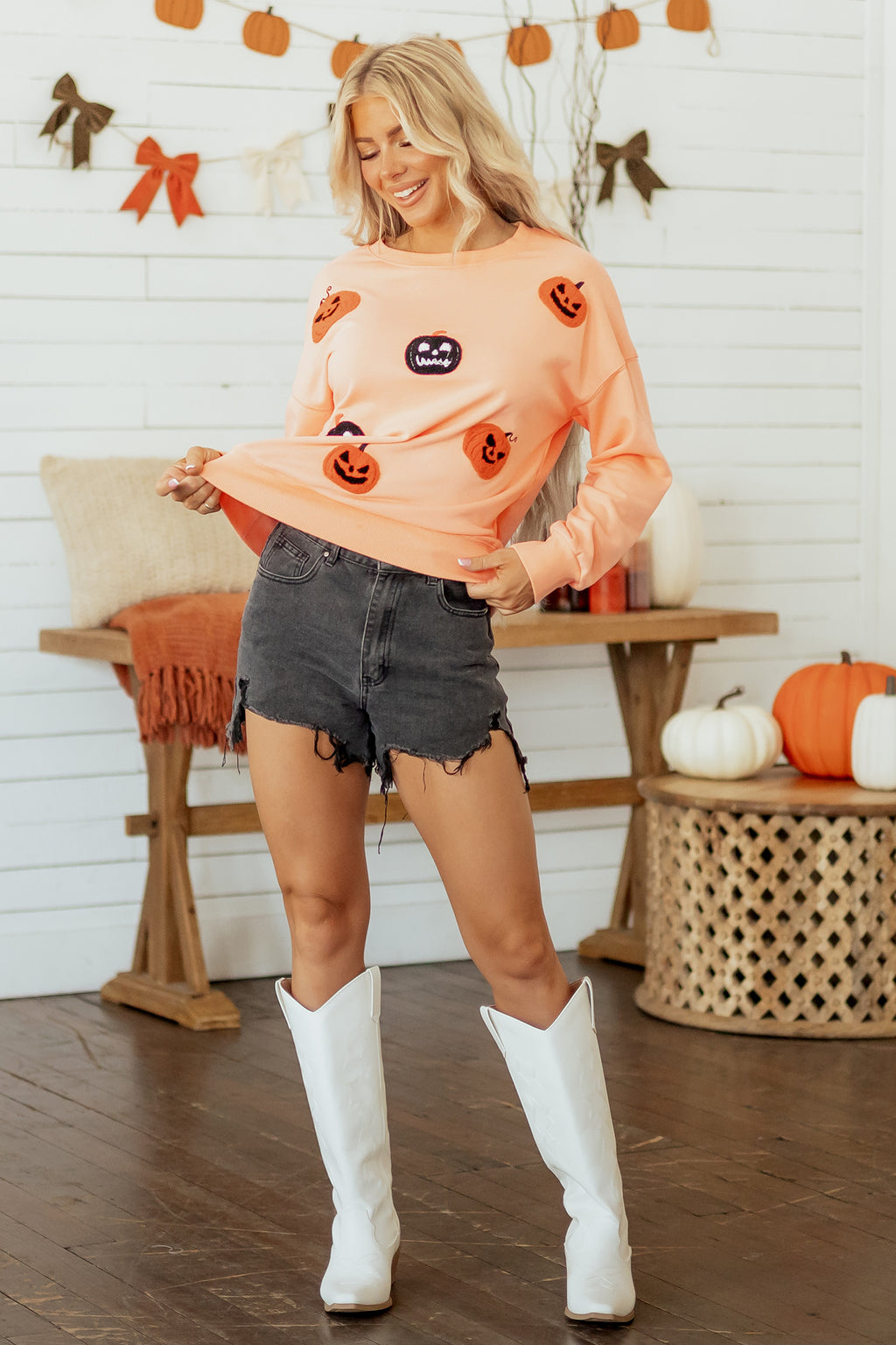 Orange Embroidered Pumpkin Face Drop Shoulder Sweatshirt 🇺🇸