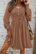 Chestnut Shirred Cuff Long Sleeve Button Round Neck Mini Dress 🇺🇸