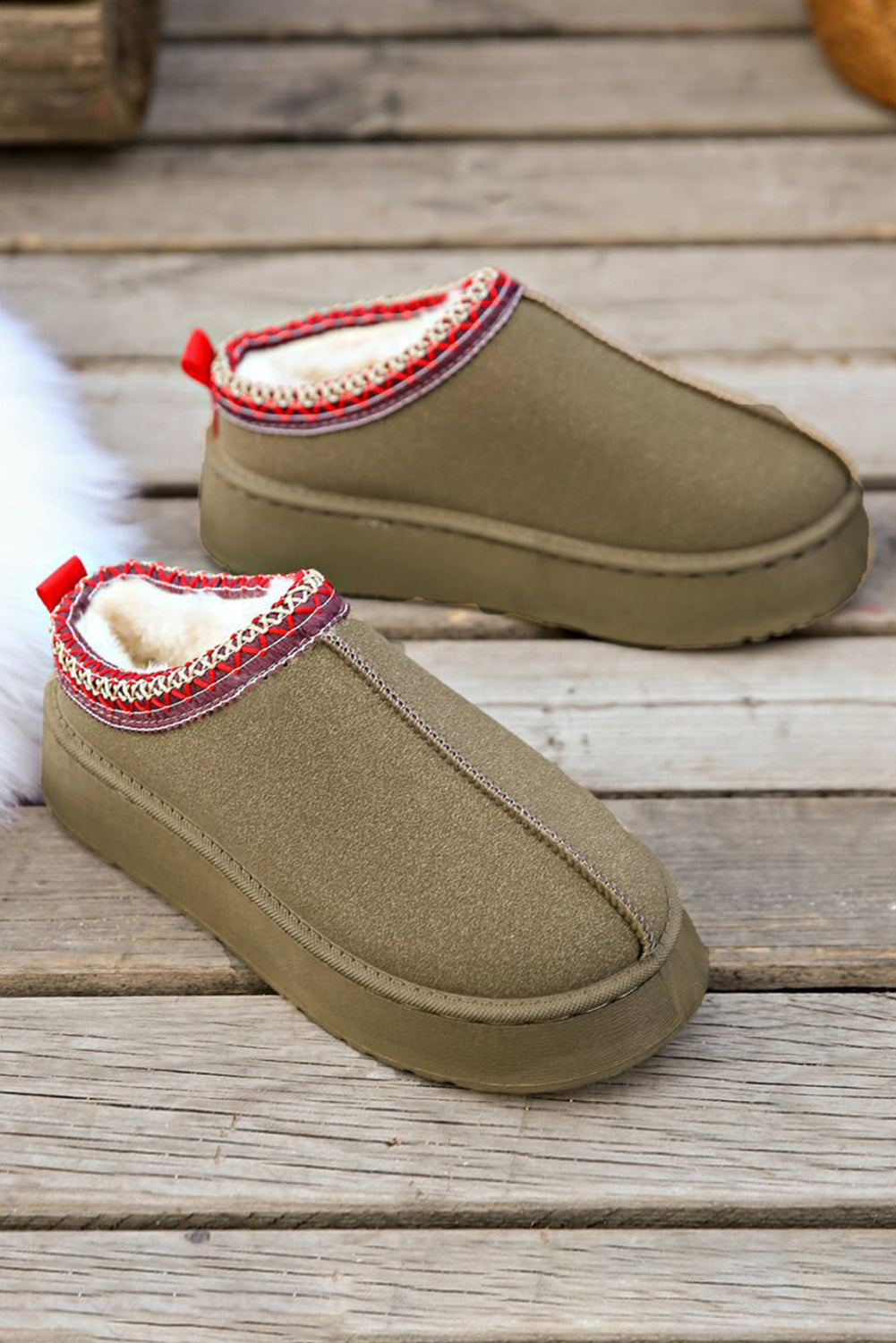 Sage Green Contrast Print Suede Plush Lined Boots/slippers 🇨🇳