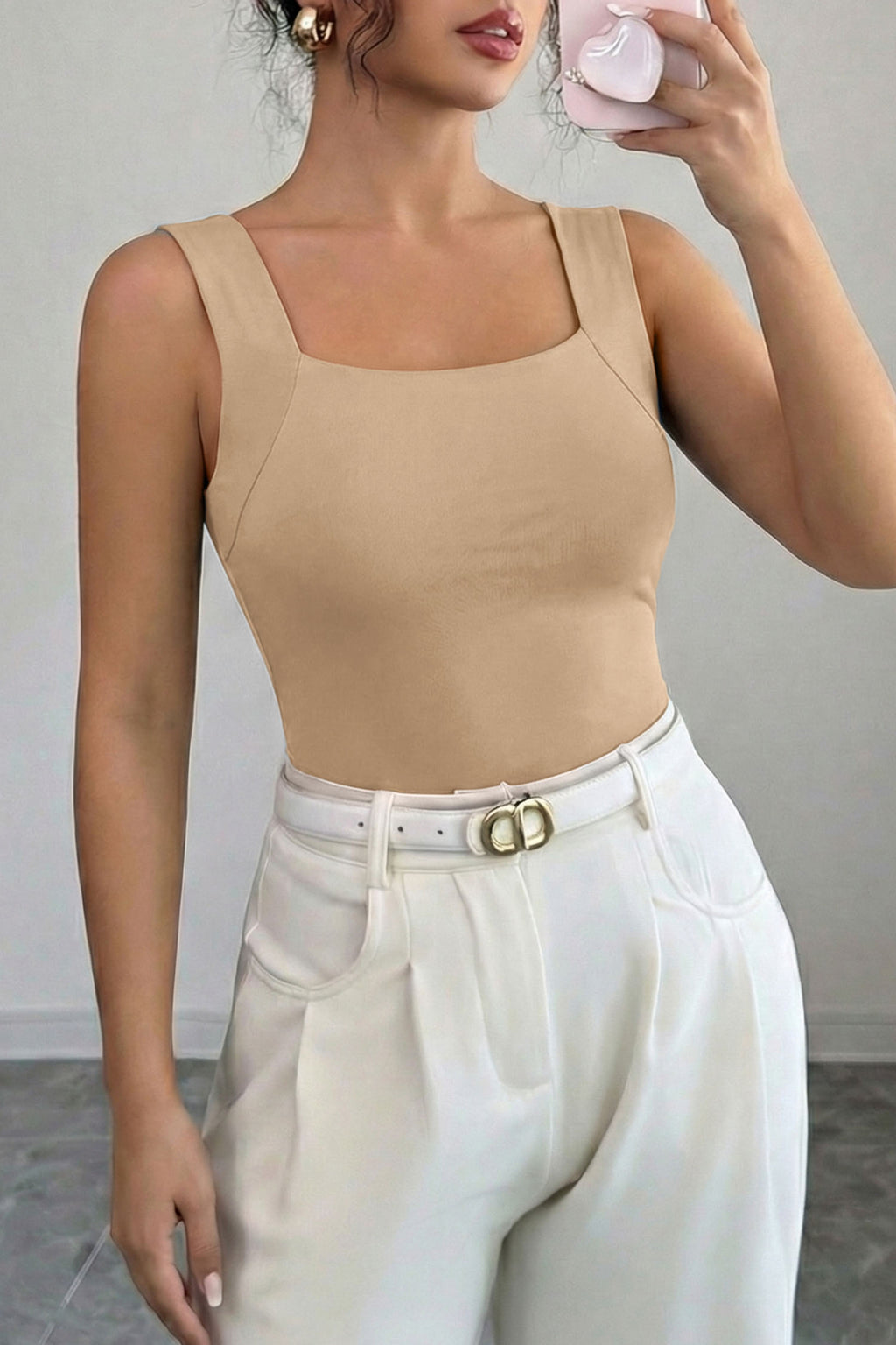 Oatmeal Solid Color Wide Strap Splicing Athleisure Tank Top 🇺🇸