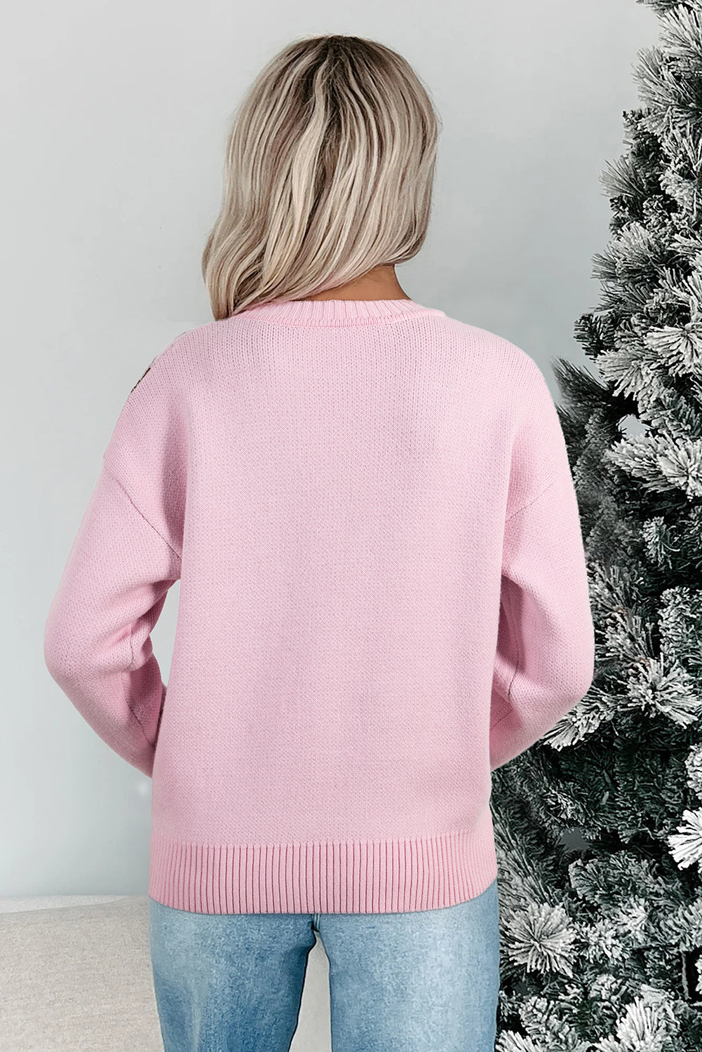 Pink Christmas Ginger Bread Man Print Round Neck Casual Sweater 🇺🇸