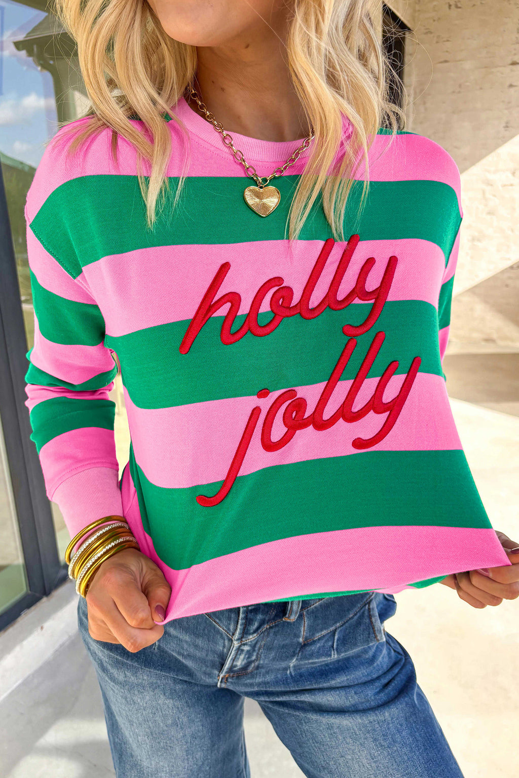 Green Stripe holly jolly Letter Embroidered Pullover Sweatshirt 🇺🇸